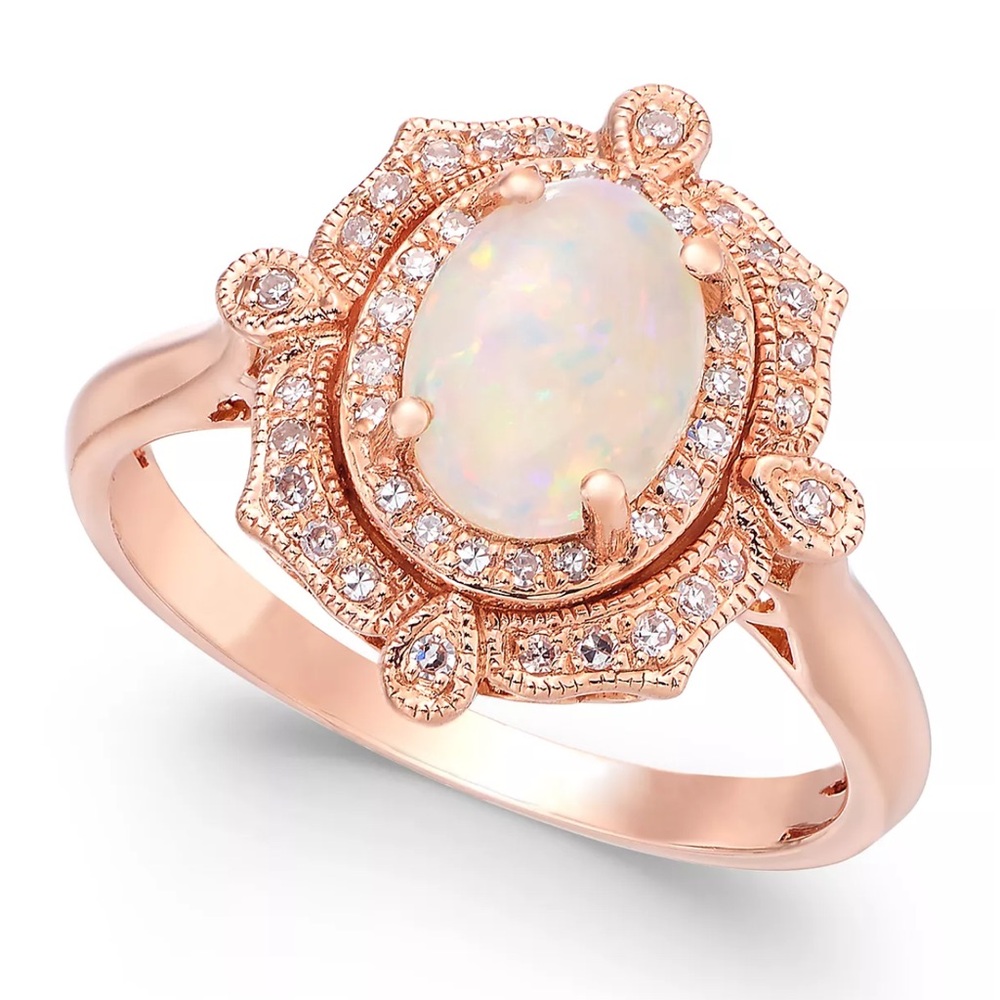 filigree EFFY Opal (5/8 carat) Diamond Oval Victorian Ring 14k Rose Gold size 7
